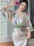 Amfeov 2022 Summer New Women Fashion Elegant Puff-Sleeve Midi Dresses Female Party Robe