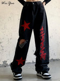 Amfeov Alt Clothes Ripped Jeans Red Star Print Y2k Pants Goblincore Cyber Y2k Pants Wide Leg Denim Pants Casual Straight Baggy Trousers