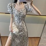 Amfeov Elegant Vintage Puff Sleeves Dot Dress Slit Maxi Long Dresses Female Retro Backless Long Sleve Club Dress Vestidos 2022 Women