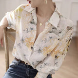 Amfeov back to school 2024 Spring Summer Casual Silk Shirts Vintage Print Chiffon Shirt Women Button Up Lady Tops Long Sleeve Satin Blouse Women 21808