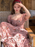 Amfeov back to school Summer Print Floral France Vintage Dress Women Puff Sleeve Evening Party Midi Dress Female Lace Elegant Sweet Fairy Dress 2024