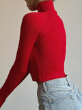 Amfeov Turtleneck Crop Sweater Women Fashion Red Christmas Sweaters Winter Knitted Long Sleeve Slim Pullovers Jumpers Knitwears