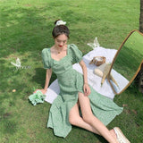 Amfeov-Elegant Print Floral Summer Spring Dress Women French Square Collar Split Sexy Green Boho Dress Short Sleeve Party Dresses Robes