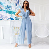 Amfeov High Waist Pleated One-Piece Wide-Leg Pants Summer New Women's Solid Color Casual Temperament V-Neck Jumpsuit