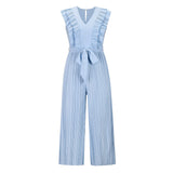 Amfeov High Waist Pleated One-Piece Wide-Leg Pants Summer New Women's Solid Color Casual Temperament V-Neck Jumpsuit