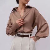 Amfeov  Ice Silk Satin Drape French Shirt Women's Early Spring New Imitation Silk Commuter Mid-Length Temperament Shirt