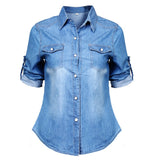 Amfeov Women Fashion Blue Denim Shirts Women Girls Spring Autumn Casual Long Sleeve Solid Blue Two Pockets Cotton Blend Tops mh1010