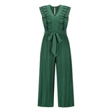 Amfeov High Waist Pleated One-Piece Wide-Leg Pants Summer New Women's Solid Color Casual Temperament V-Neck Jumpsuit