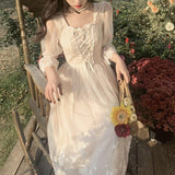 Amfeov-Graduation Gifts Korean Lace Summer Dress Women Square Collar Half Sleeve Evening Party Dress Kawaii Maxi Bandage Dresses Vestidos 14794
