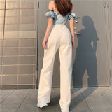 Weekeep Pleated White Solid Women's Jeans Streetwear High Waist Button Denim Pants Vintage Straight Harajuku Basic Trousers