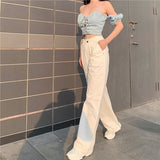 Weekeep Pleated White Solid Women's Jeans Streetwear High Waist Button Denim Pants Vintage Straight Harajuku Basic Trousers