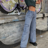 Pockets Patchwork High Waist Jeans Women Streetwear Straight Jean Femme Blue 100% Cotton Cargo Pants