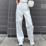 Pockets Patchwork High Waist Jeans Women Streetwear Straight Jean Femme Blue 100% Cotton Cargo Pants