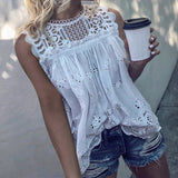 White Lace Hollow Out Cotton Women's Blouses Sleeveless O Neck Sexy Female Blouse Tops Loose Solid Hollow Out Shirts Blusa 5XL