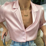 Women Casual Pink Satin Shirt Blouse Turn-down Collar Short Sleeve Button Tops 2021 Summer New Fashion Streetwear  Short Shirt