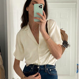 Women Casual Pink Satin Shirt Blouse Turn-down Collar Short Sleeve Button Tops 2021 Summer New Fashion Streetwear  Short Shirt