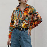 Women Retro Sunflower Print Shirt Oil Painting Print Design Blouse Girl Loose Lapel Tops and Blouses 2021 New