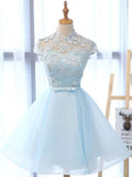 Amfeov-Elegant Baby Blue Illusion Lace Short Sleeve A-line Short Homecoming Dress, HD3040