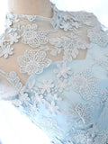 Amfeov-Elegant Baby Blue Illusion Lace Short Sleeve A-line Short Homecoming Dress, HD3040