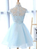 Amfeov-Elegant Baby Blue Illusion Lace Short Sleeve A-line Short Homecoming Dress, HD3040