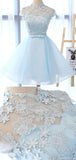 Amfeov-Elegant Baby Blue Illusion Lace Short Sleeve A-line Short Homecoming Dress, HD3040