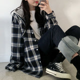 Basic Jackets Women Long Sleeve Plaid Hooded Lace-up Patchwork Womens Outwear Preppy-style Students Ulzzang Casual BF Fashion