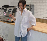 Amfeov 2023 Spring Autumn Women Shirts White Plain Loose Oversized Blouses Female Tops Loose BF Korean Style Blusas Pockets