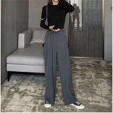 Amfeov 2022 Retro Solid Color Wild Straight Wide Leg Pants Female Spring New Korean Fashion High Waist Casual Long Pants