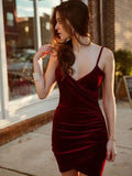 Amfeov hoco dresses-Sexy Burgundy Velvet V-neck Sheath Mini Homecoming Dress, HD3076