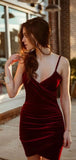 Amfeov hoco dresses-Sexy Burgundy Velvet V-neck Sheath Mini Homecoming Dress, HD3076